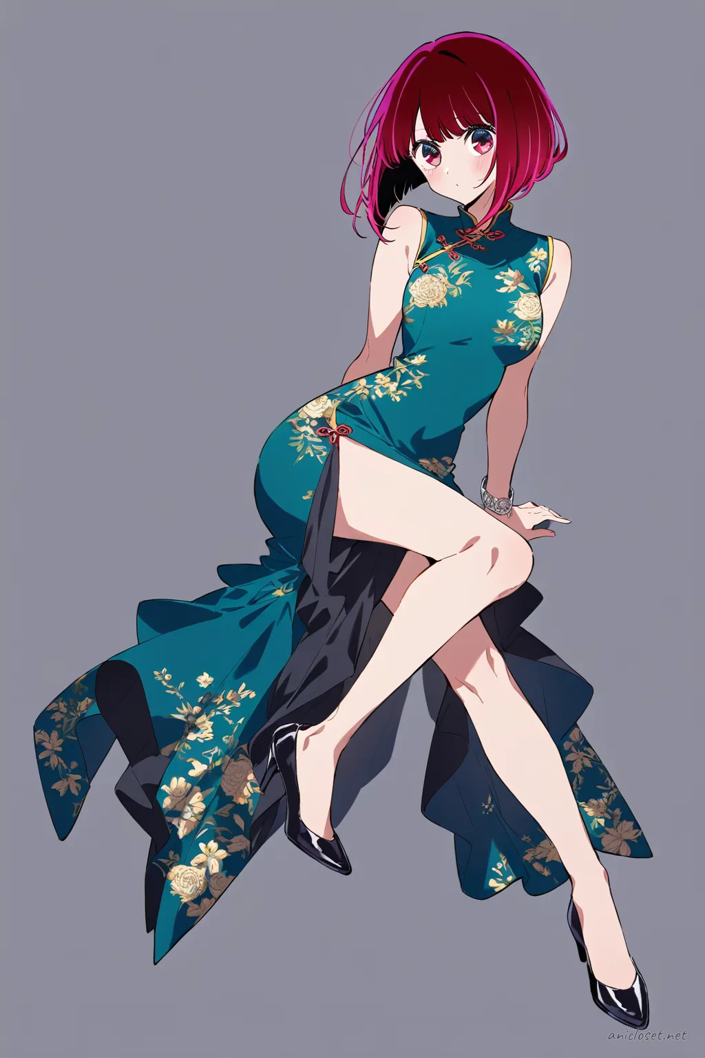 Full body front view illustration of Kana Arima wearing a navy cheongsam with subtle floral embroidery, side slits, mandarin collar, sleeveless design, and black flats