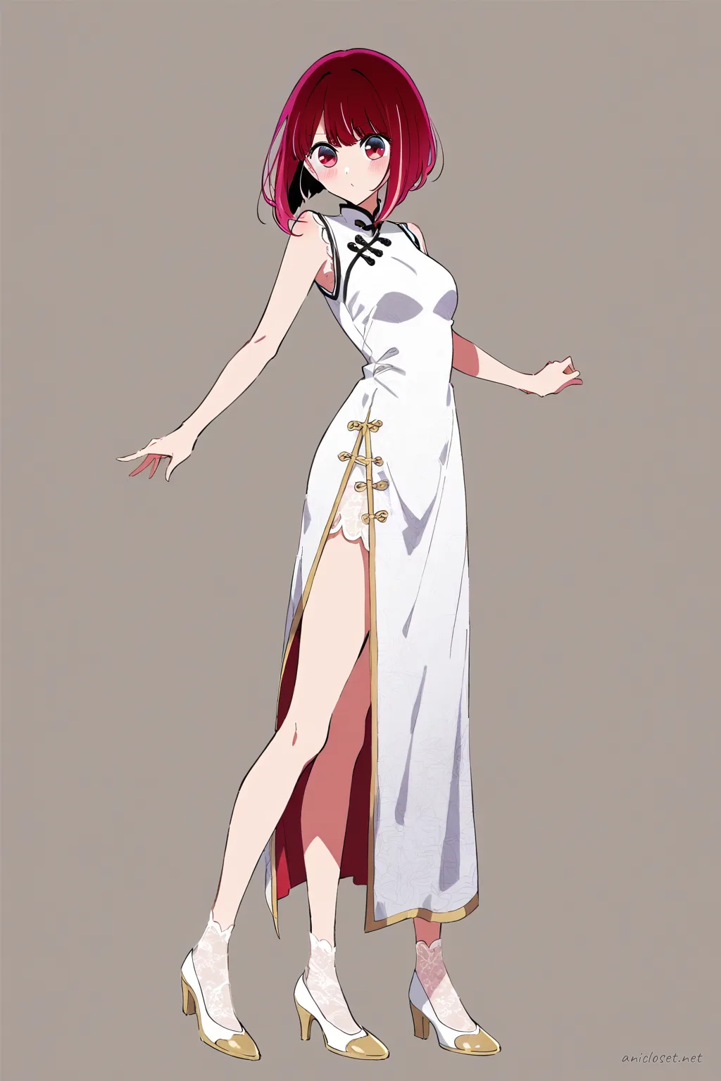 Full-body three-quarter view of Kana Arima wearing a white silk qipao with soft lace trim, delicate frog buttons, high slit, sleeveless design, mandarin collar, white kitten heels, sheer white ankle socks, and pearl stud earrings against a clean studio background