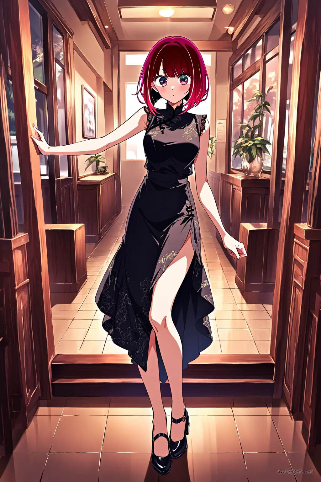 Full-body illustration of Kana Arima wearing a black gothic qipao with high collar, lace panels, and black Mary Janes, standing against a clean studio backdrop