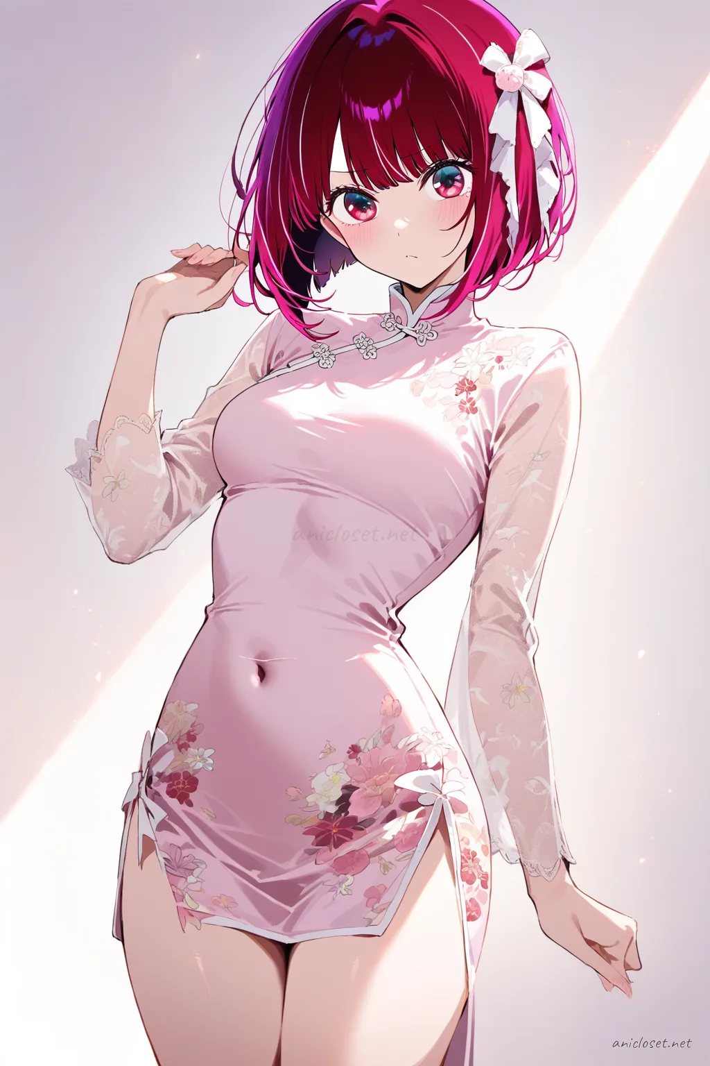 Full-body three-quarter view illustration of Kana Arima wearing a pastel pink China dress with floral pattern, mandarin collar, side slit, white lace trim, white flats, and pink hair ribbon