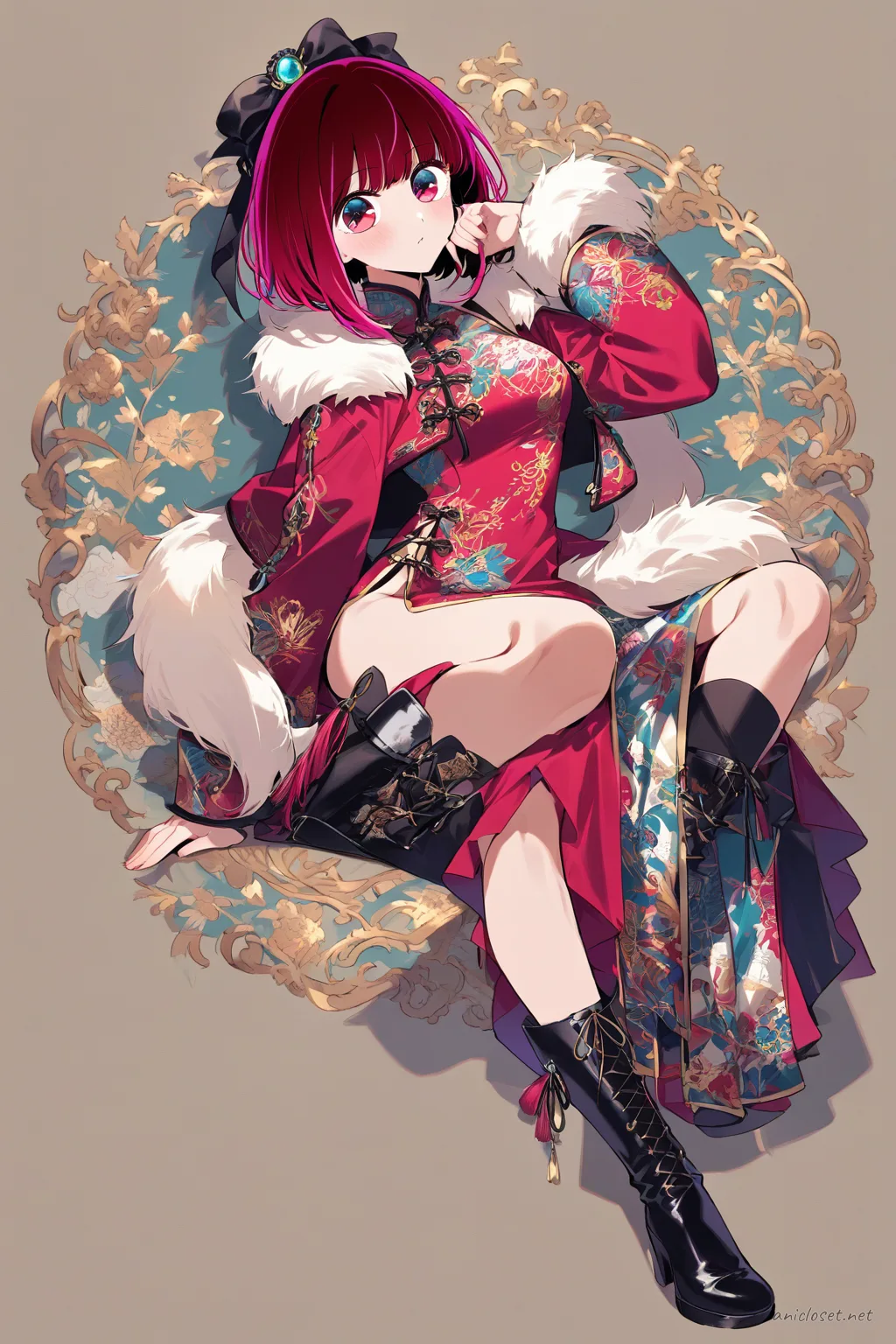 Illustration of Kana Arima wearing a long sleeve winter qipao under a cropped fur-trim jacket with knee-high boots