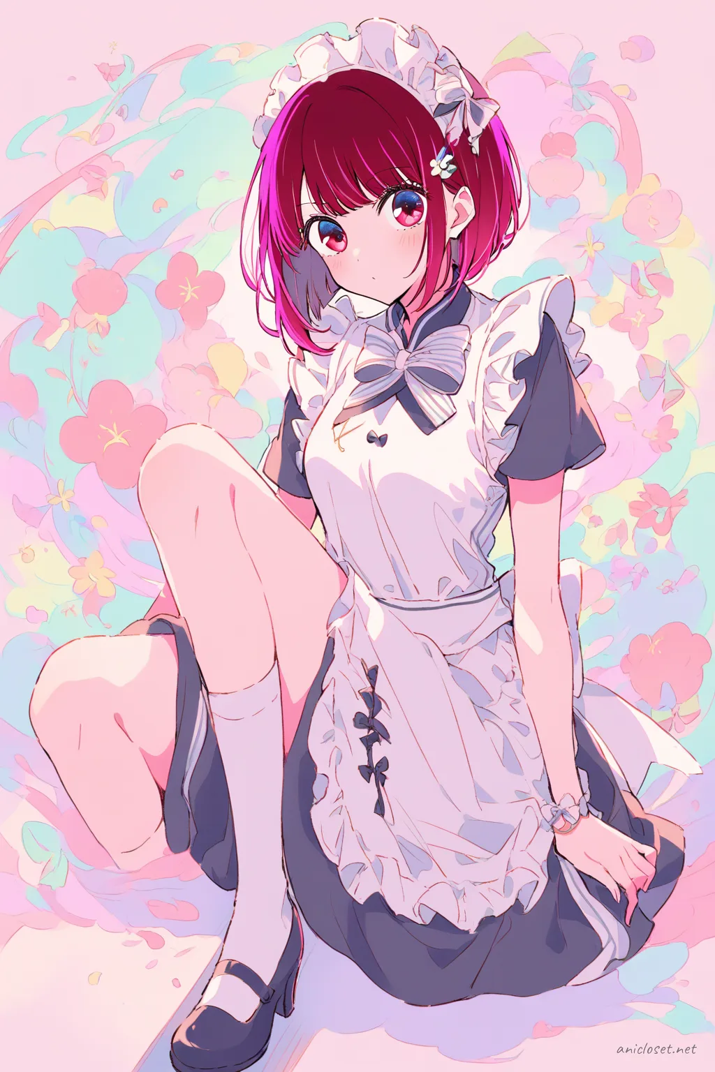Full body illustration of Kana Arima in a short qipao dress with white frilled apron, puff sleeves, knee socks, mary jane shoes, and ribbon bow, standing pose