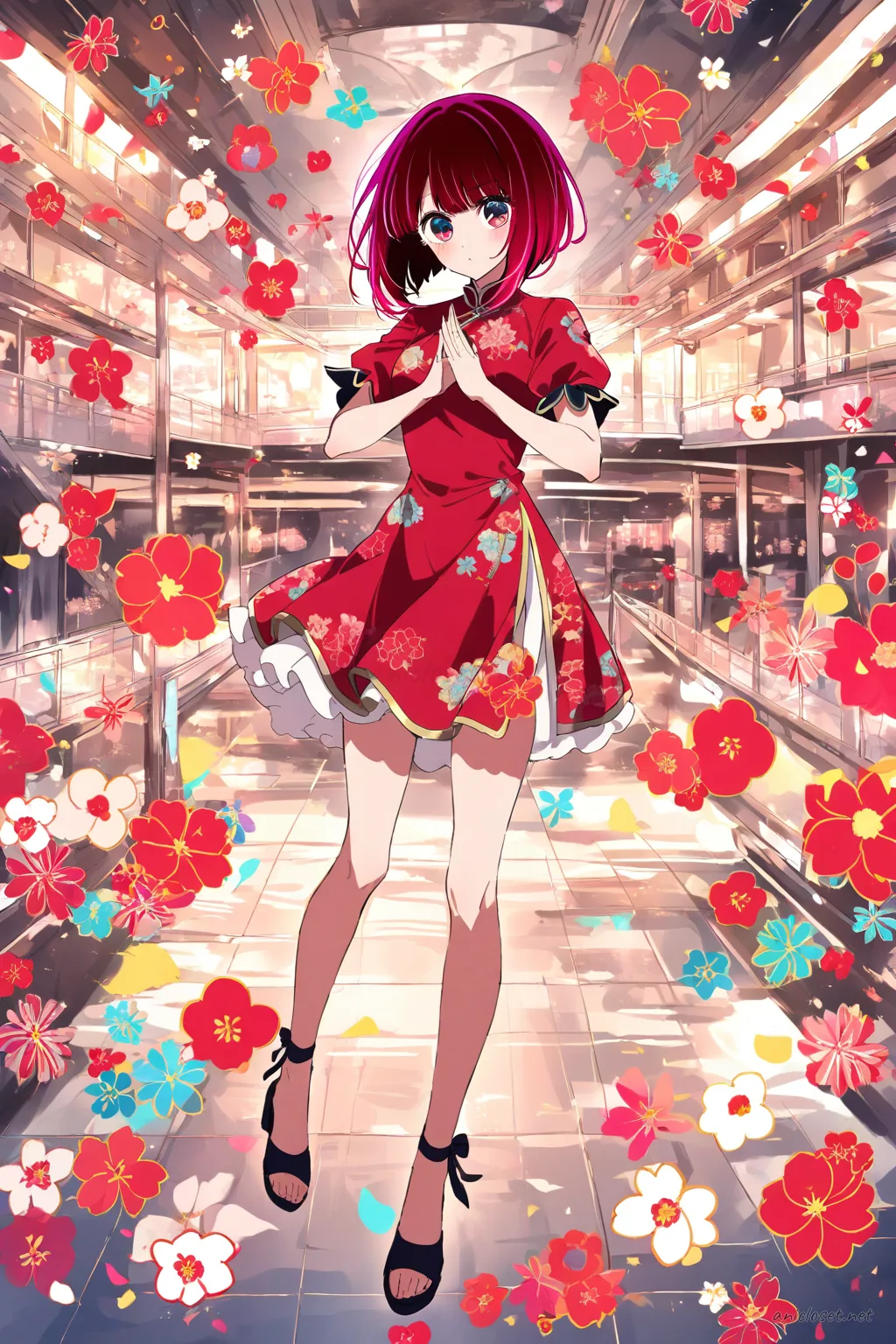 Kana Arima wearing a short-sleeve floral qipao with airy flared hem and ankle strap sandals