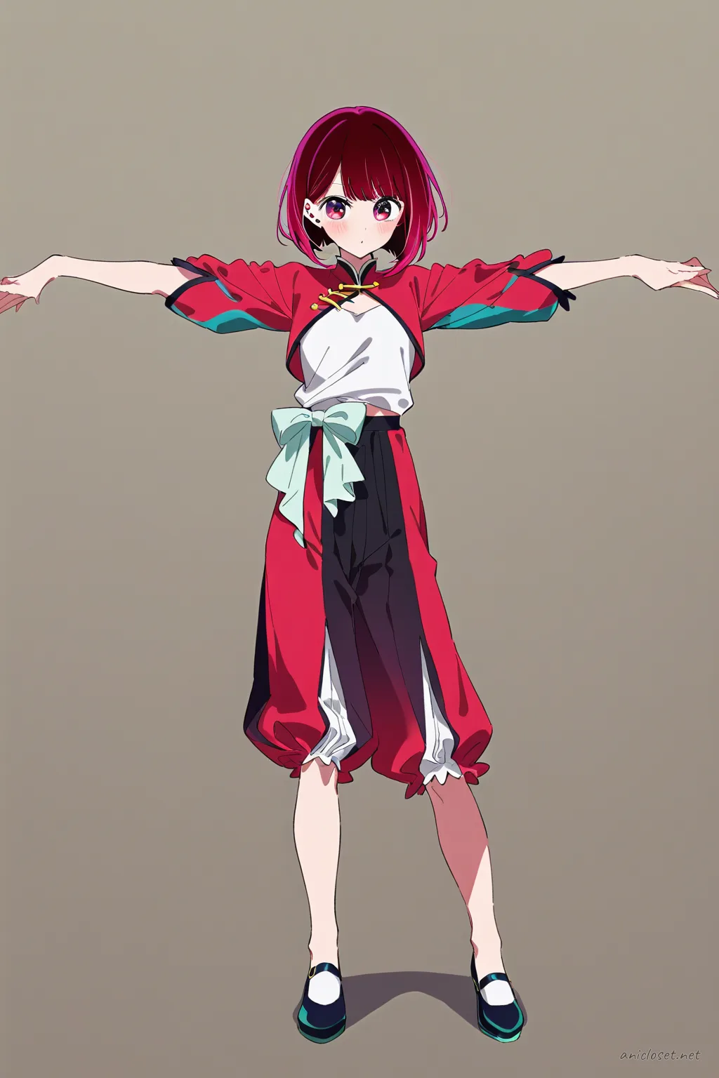 Full body illustration of Kana Arima standing in a sleeveless qipao top with mandarin collar, ribbon sash, wide leg trousers, and flat shoes