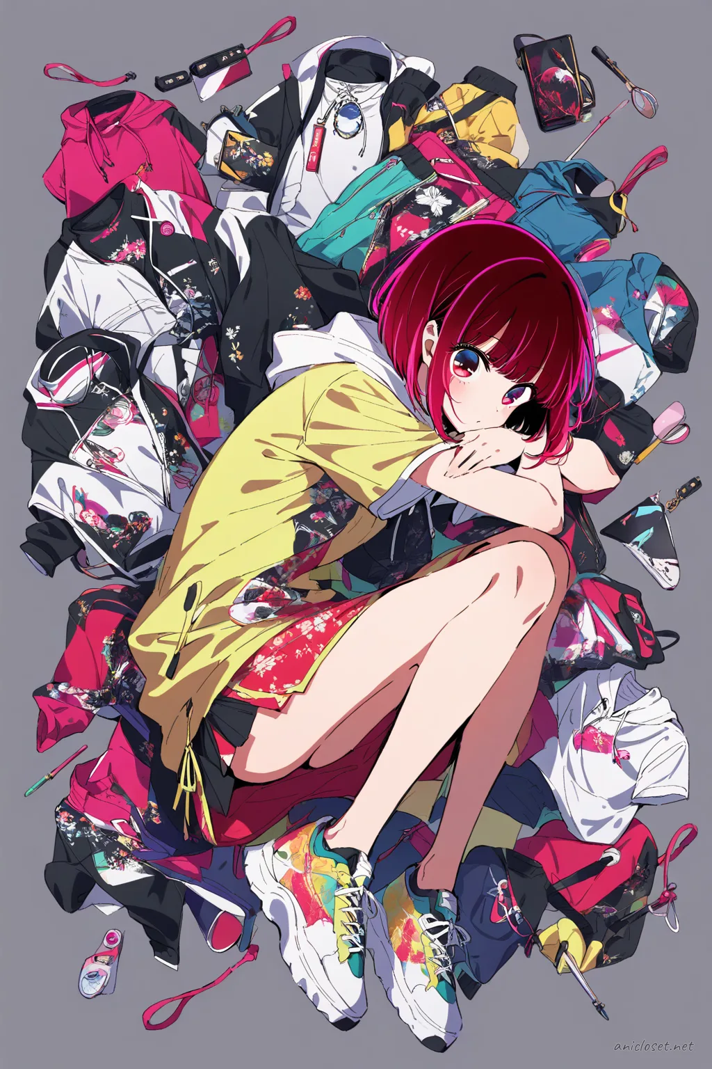 Illustration of Kana Arima wearing a fitted qipao dress layered with a black street hoodie and white sneakers in a modern street style