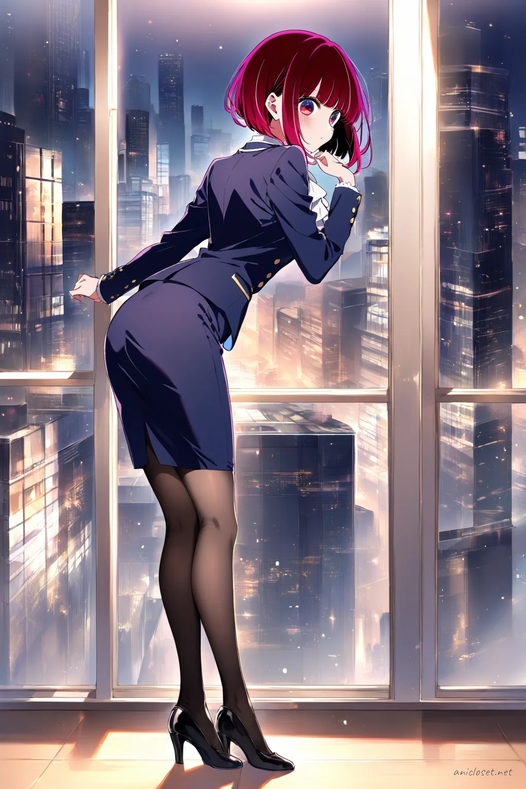 Kana Arima wearing a navy pencil skirt suit with fitted blazer and white silk blouse, standing by a glass office window overlooking the city