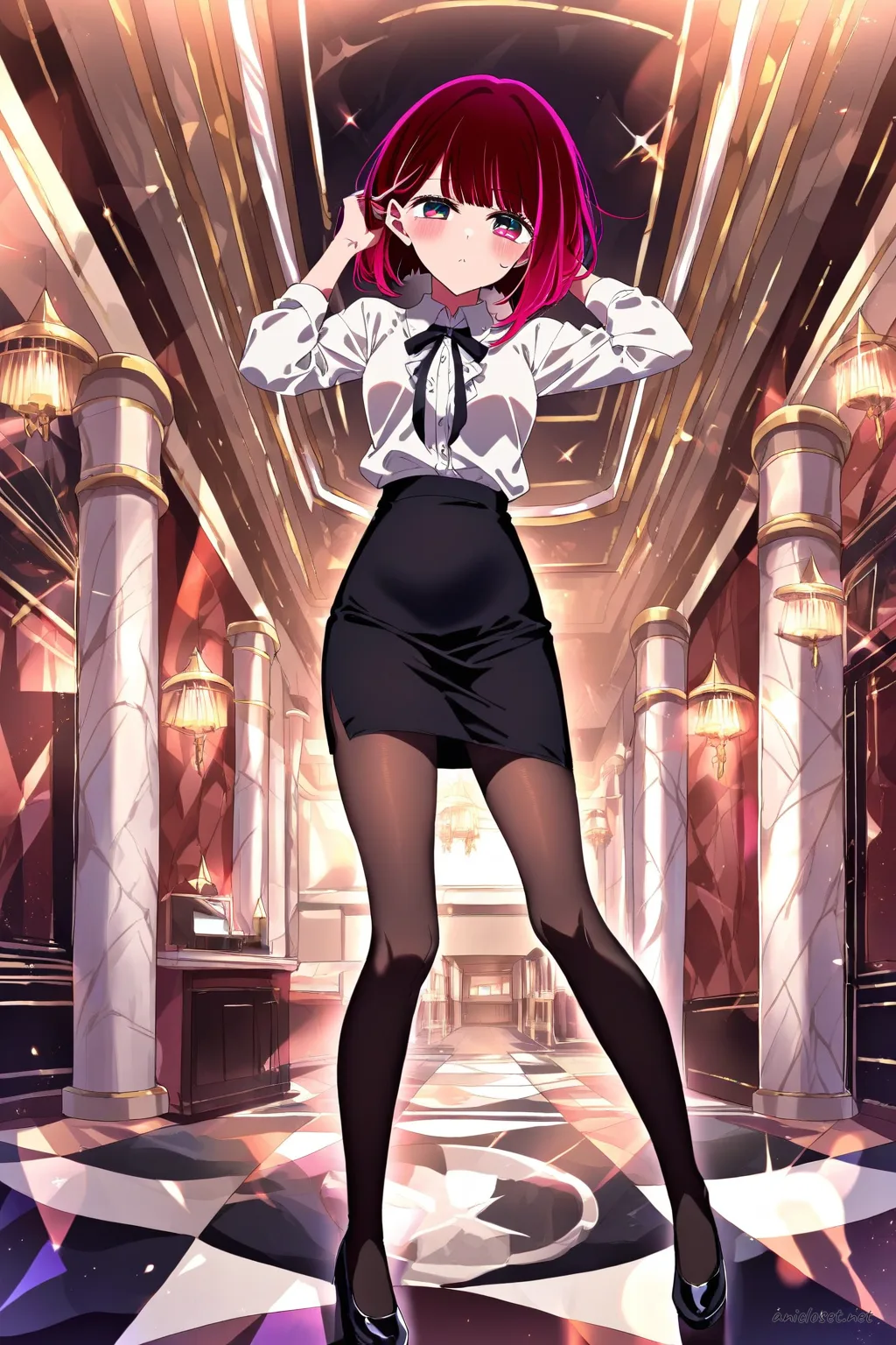 Kana Arima wearing a black slim pencil skirt and white blouse with ribbon tie, crossing arms in a modern lobby