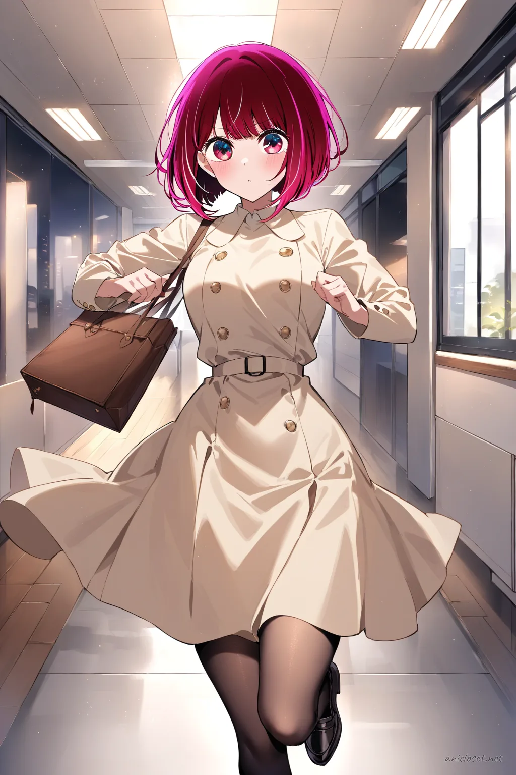 Kana Arima in a beige tailored blazer dress with simple belt, knee-length skirt, classic loafers, holding a leather tote bag in a knee-up half-body pose under soft studio lighting
