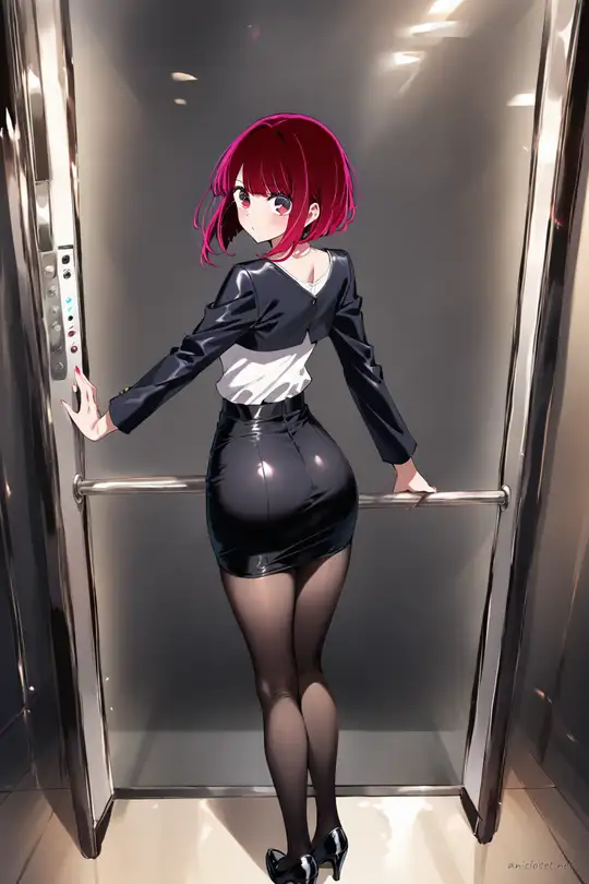 Kana Arima in black blazer, white blouse, high-waist pencil skirt, and black pumps posed in elevator lobby