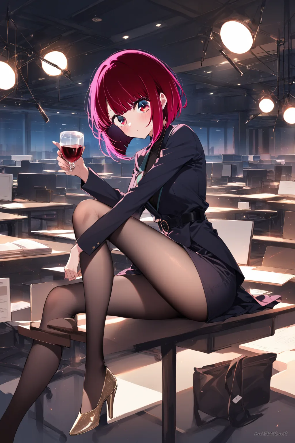 Kana Arima wearing a wine sheath dress under an open black blazer, slim black belt, and black pointed heels, sitting on a desk edge holding a coffee cup in an office