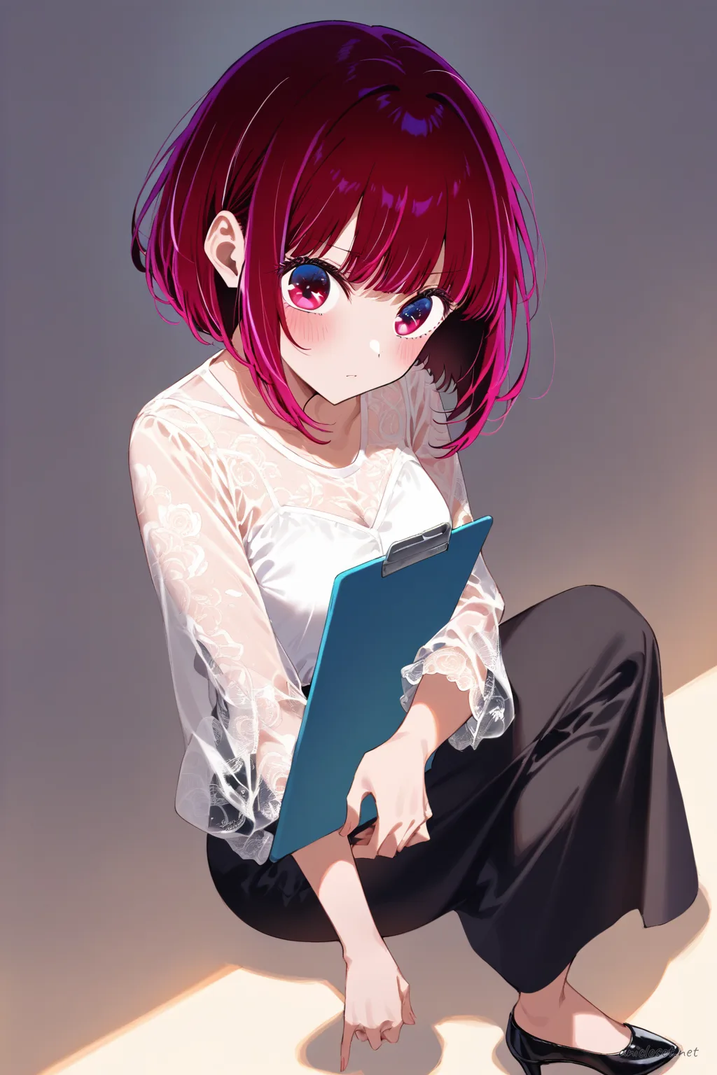 Full body front view of Kana Arima in formal attire with white blouse, sheer sleeves, black midi pencil skirt, black pumps, holding clipboard