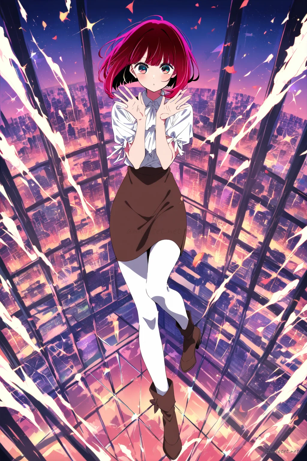 Kana Arima wearing a cream pussy-bow blouse, brown leather pencil skirt, opaque tights, and brown ankle boots standing by bookshelves