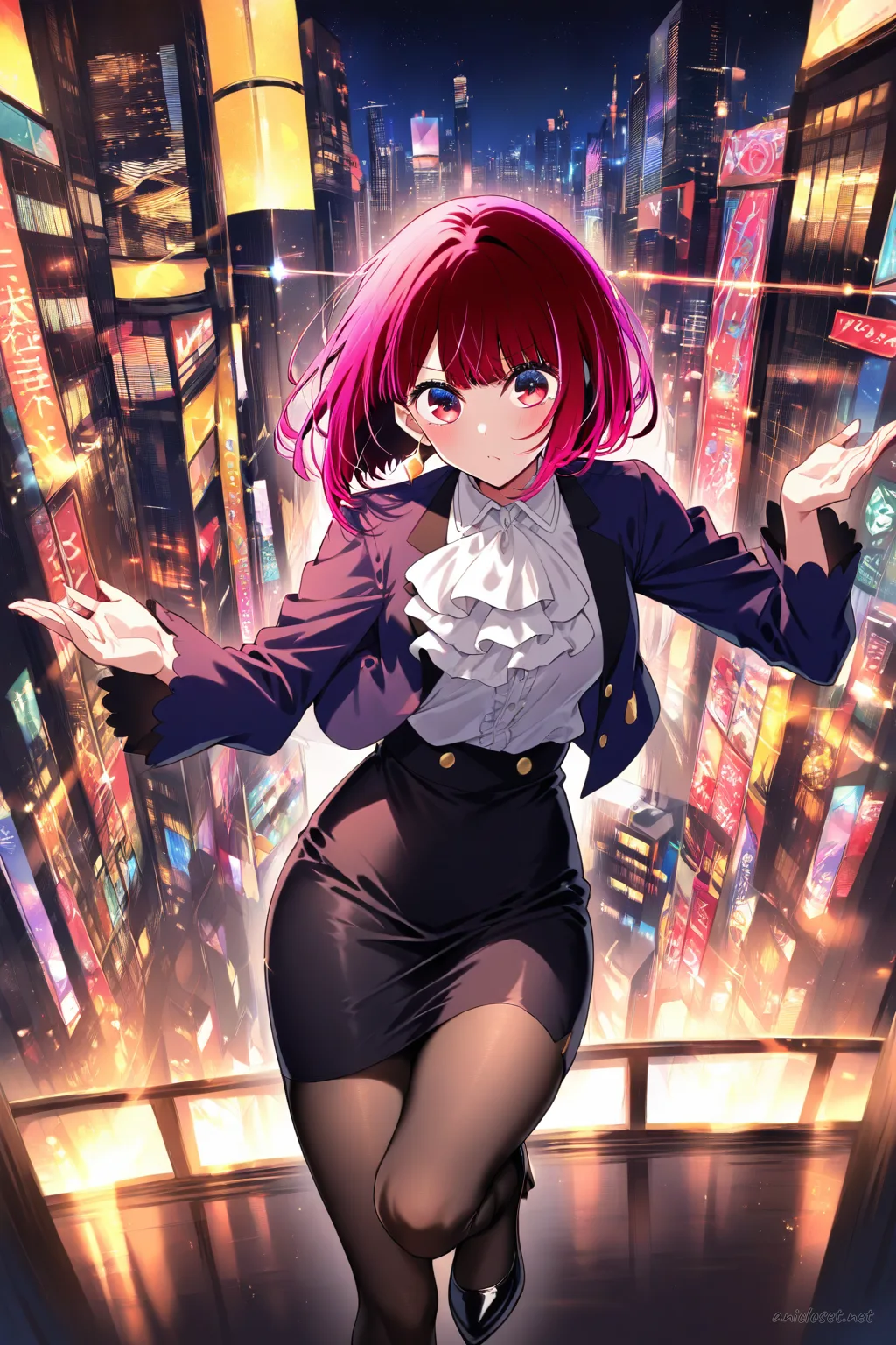 Kana Arima wearing a black peplum jacket and slim pencil skirt set with statement earrings and black pumps, posing with hip and hand in a night city office setting