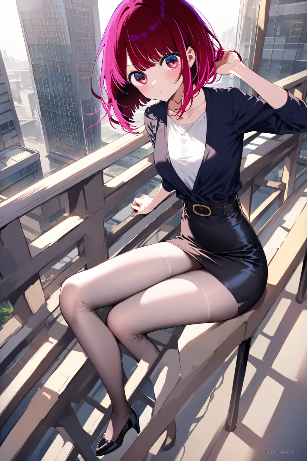 Kana Arima in navy wrap blouse and knee-length pencil skirt leaning on office balcony railing with wind in hair