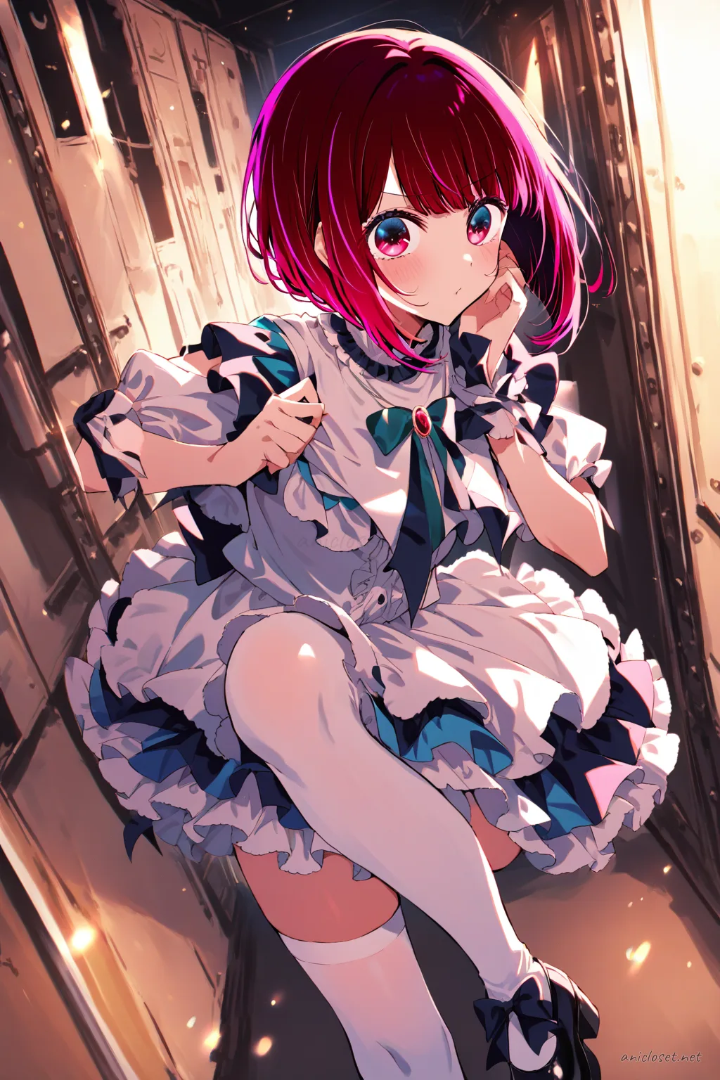 Illustration of Kana Arima wearing a frilly idol mini dress with layered skirt, stage bow, white thighhigh socks with ribbon tops, and mary janes