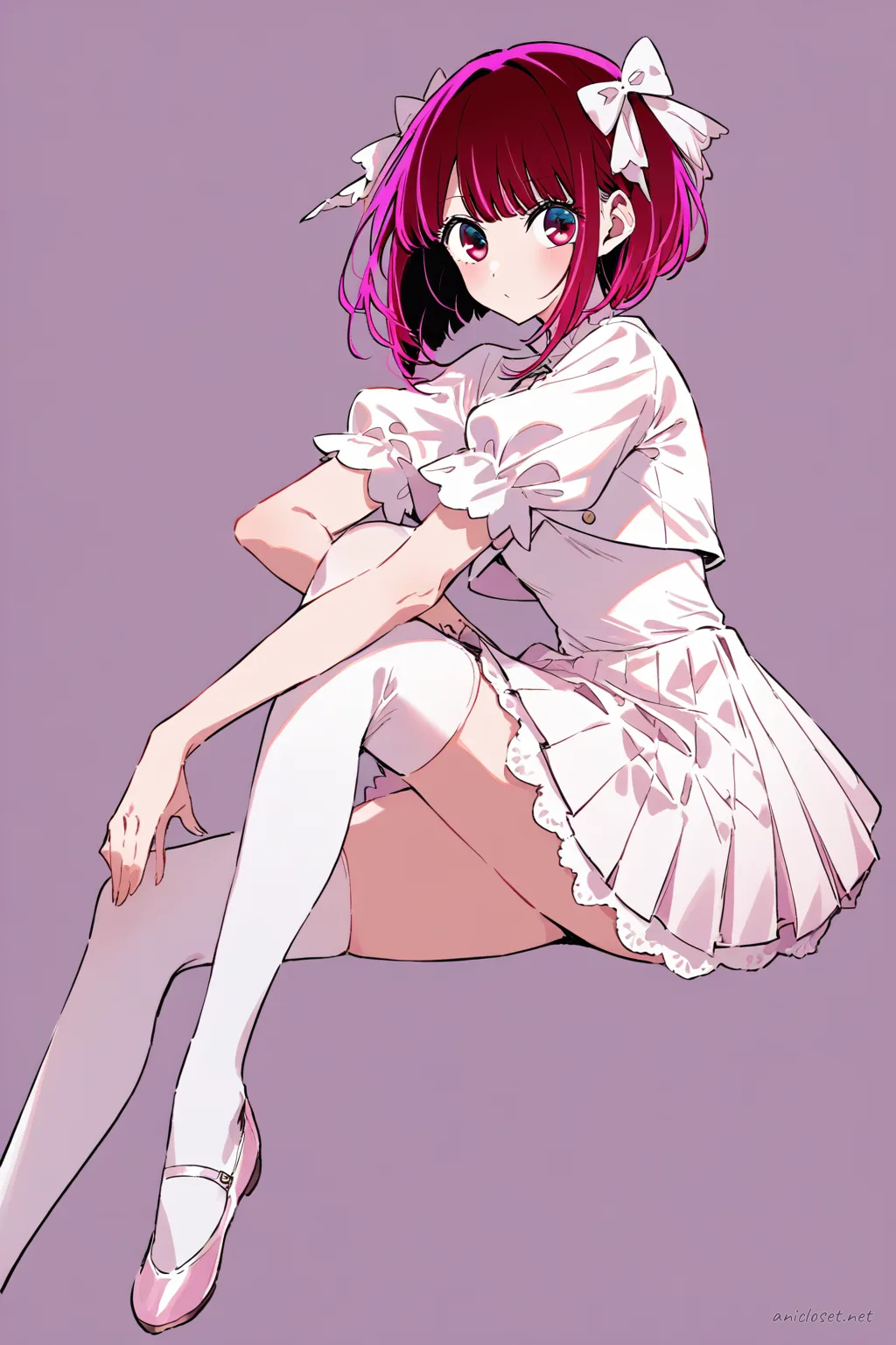 Front-facing cowboy shot of Kana Arima in pastel twin-ribbon idol costume with pleated skirt and over-the-knee socks
