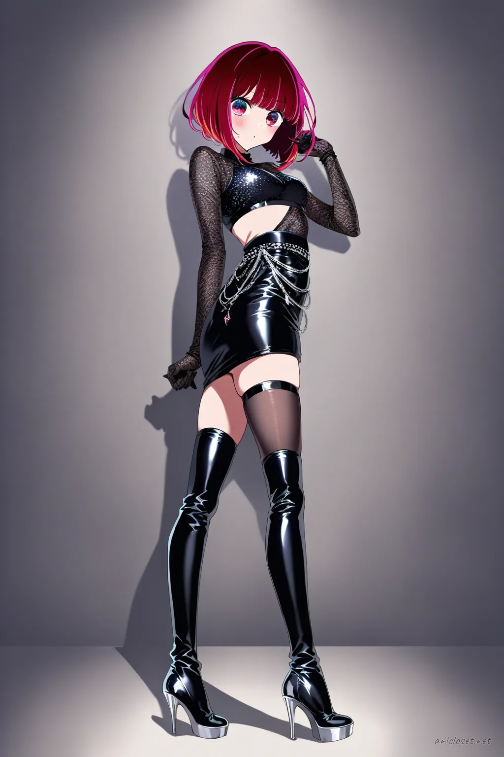 Illustration of Kana Arima in a dark glam idol outfit with black sequin crop top, high-waisted leather shorts, sheer gloves, fishnet tights, ankle strap heels, and neck ribbon