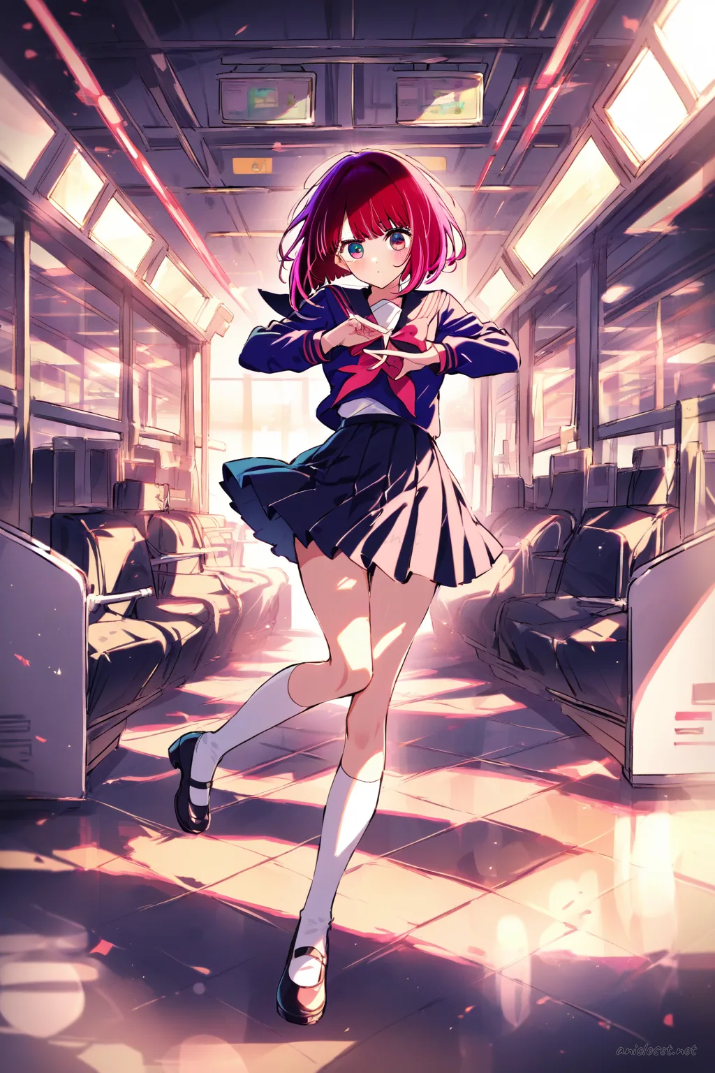 Full body illustration of Kana Arima in school-idol inspired stage costume with pleated skirt, sailor collar, ribbon tie, knee-high socks, and mary janes, standing