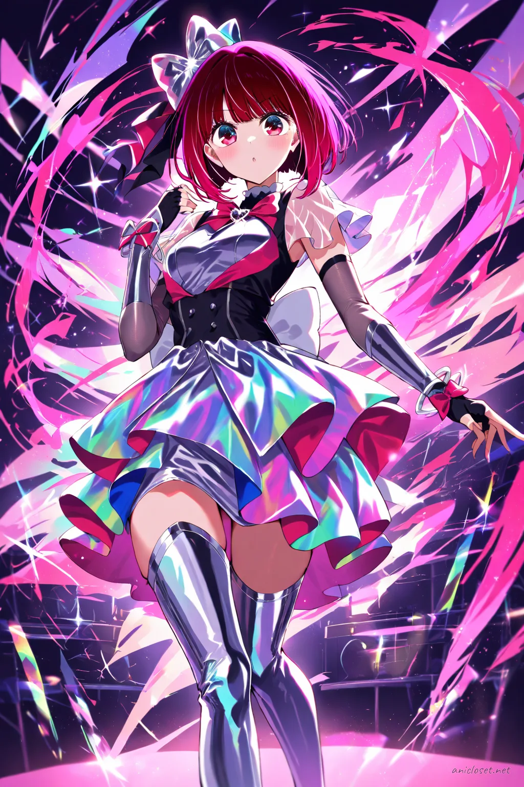 Full body front view of Kana Arima in a futuristic idol costume with glossy panels, metallic skirt, neck ribbon, fingerless gloves, and thigh-high boots