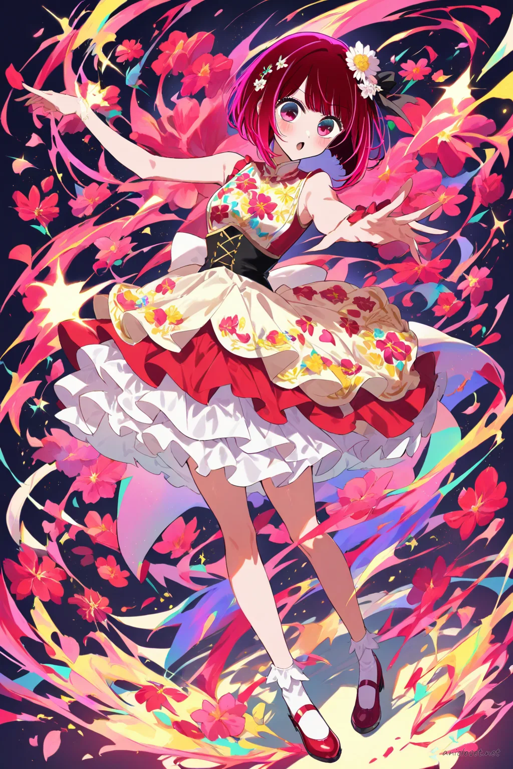 Kana Arima in flower motif idol dress with petal layered skirt and bright stage colors