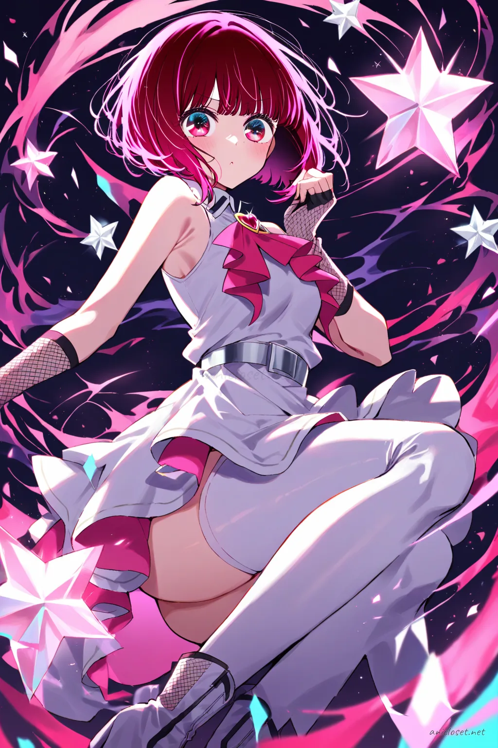 Illustration of Kana Arima wearing a sleeveless sleek idol mini dress with a simple pleated skirt and single stage ribbon, paired with ankle strap heels