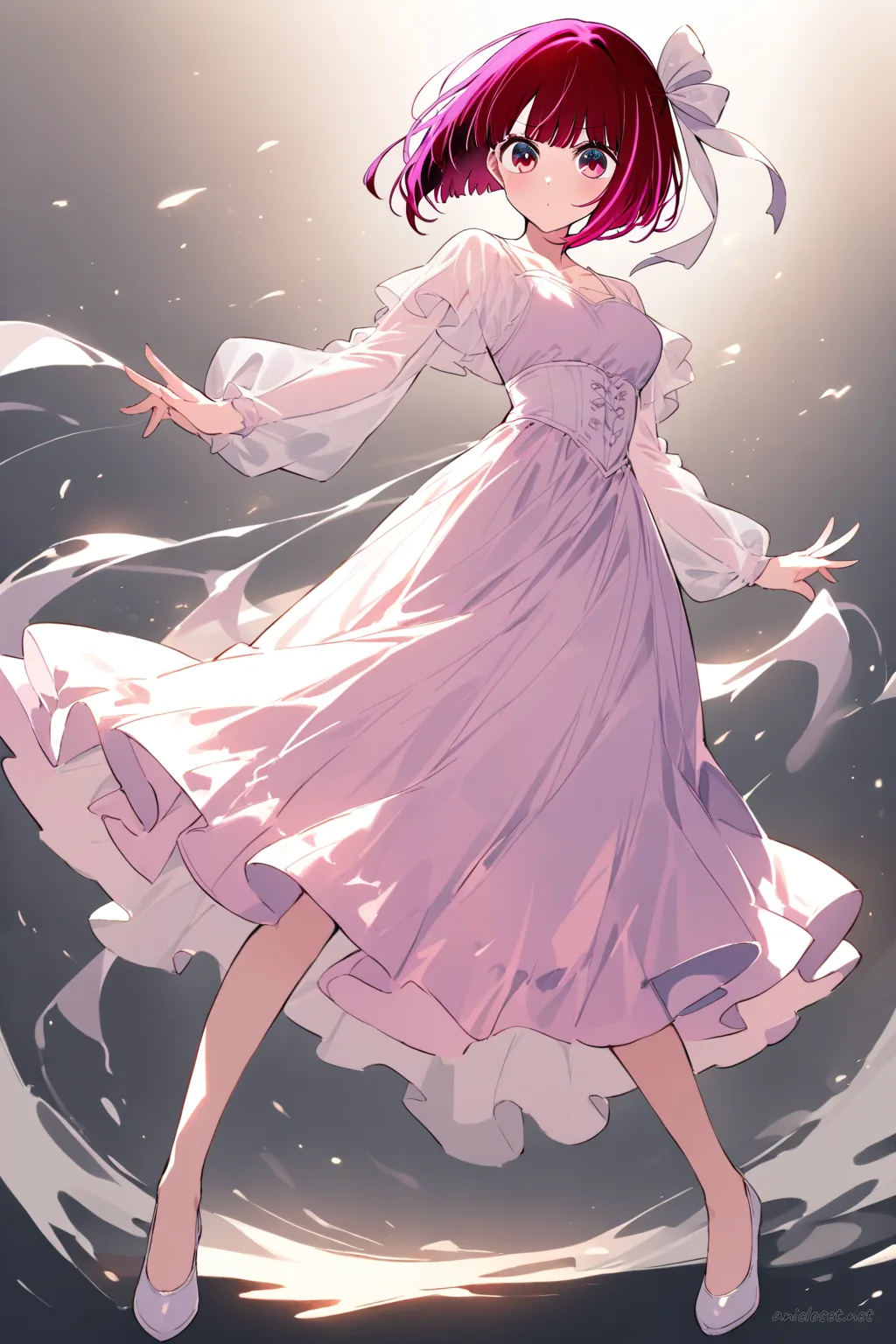 Full body illustration of Kana Arima standing in pastel blue chiffon midi dress with puff sleeves, layered skirt, hair ribbons, and ballet flats