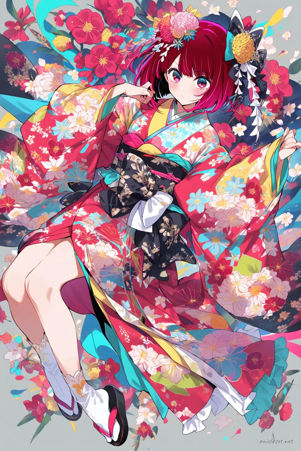 Full-body three-quarter view of Kana Arima wearing a short modern kimono dress with bold floral print, high-contrast obi sash, and lace tabi boots in a soft studio bloom