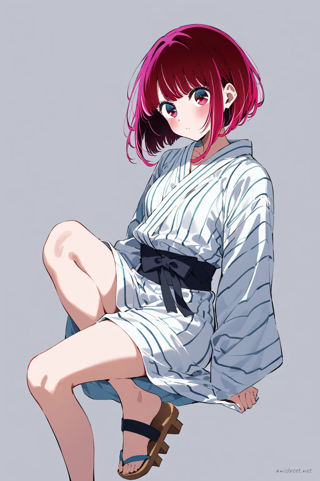 Illustration of Kana Arima wearing a summer yukata with simple vertical stripes, an obi sash, and geta sandals