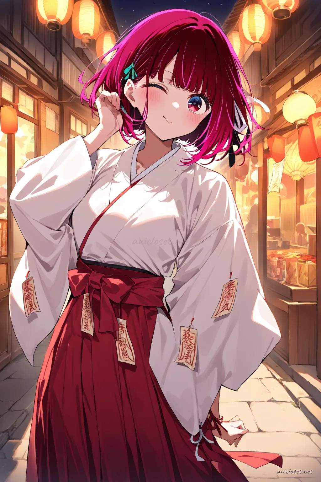 Illustration of Kana Arima in a white kosode and red hakama with ribbon hair ties and ofuda charm