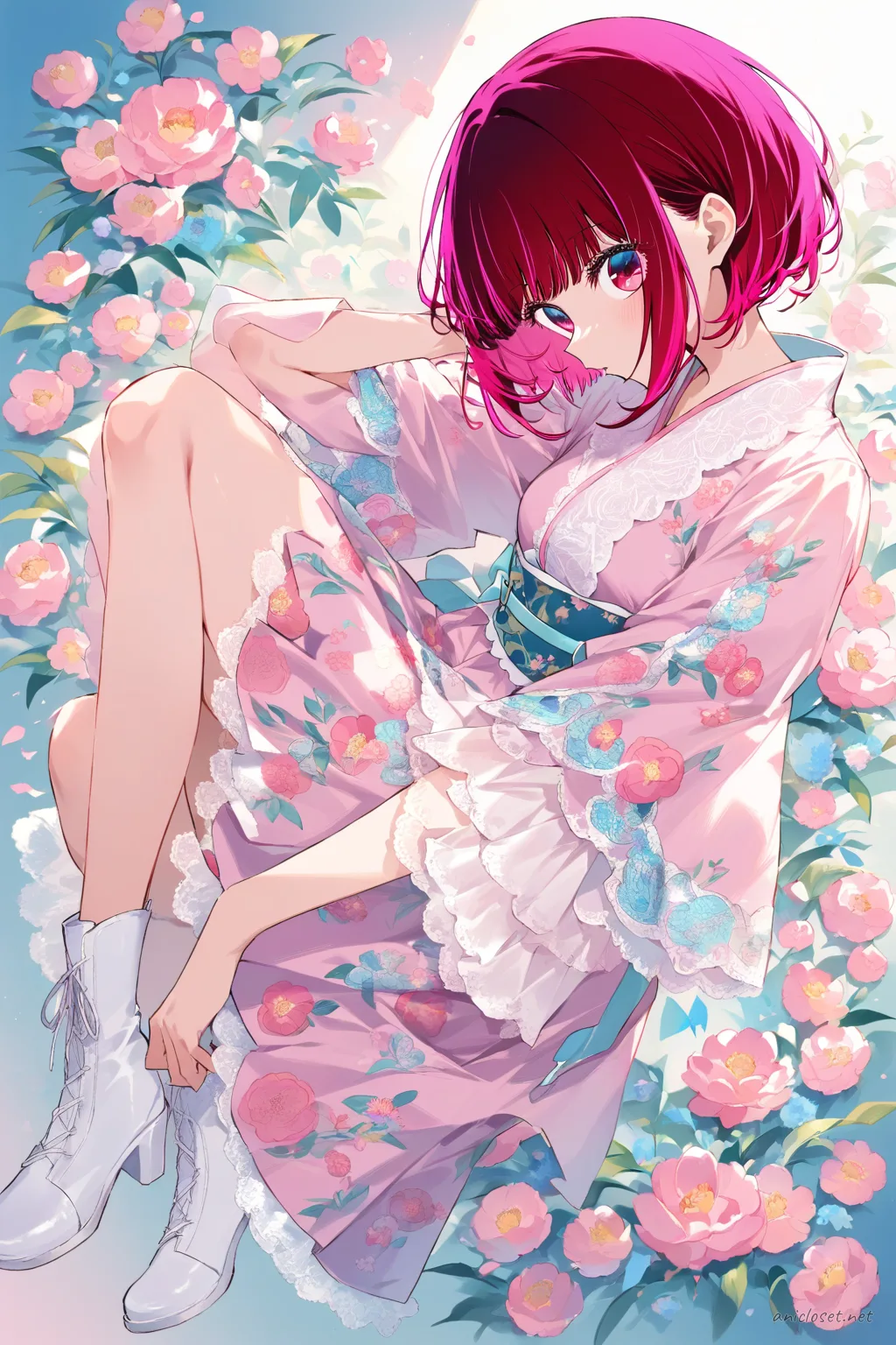 Full body illustration of Kana Arima wearing a pastel modern kimono dress with soft floral patterns, simplified obi belt, lace trim socks, and ankle boots, standing