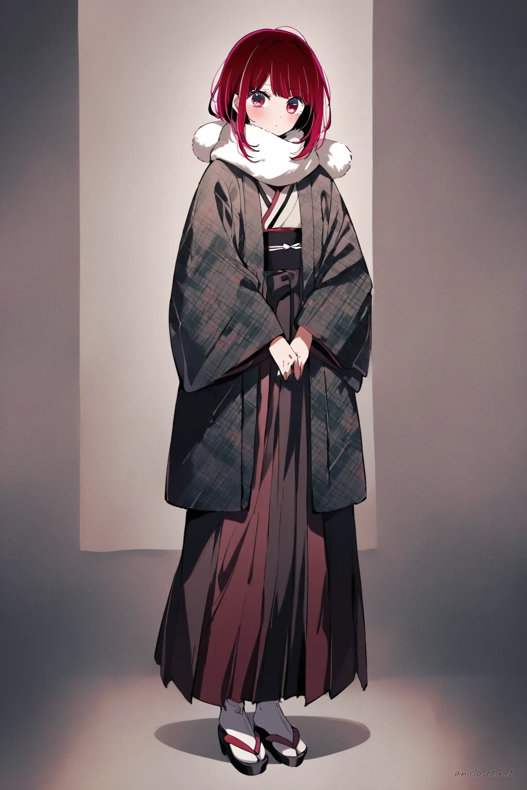 Illustration of Kana Arima wearing a cropped haori over a fitted tank top and high-slit hakama skirt with sneakers, mid-stride in soft daylight