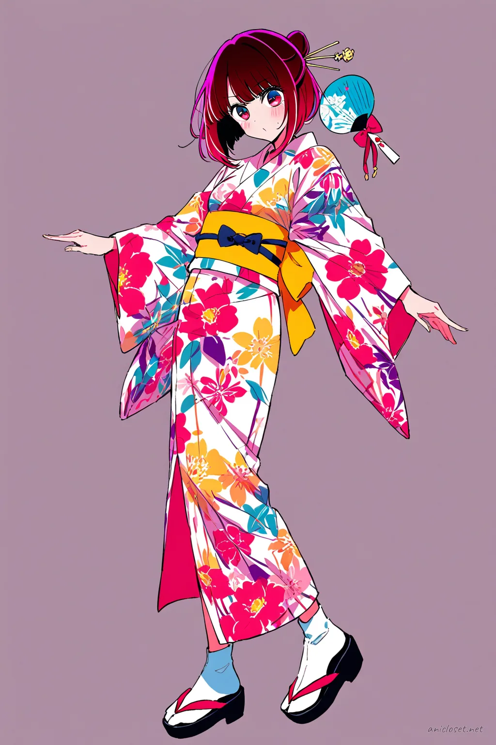 Full body illustration of Kana Arima standing in bright floral yukata with obi sash, holding uchiwa fan, wearing festival hairpin and geta sandals