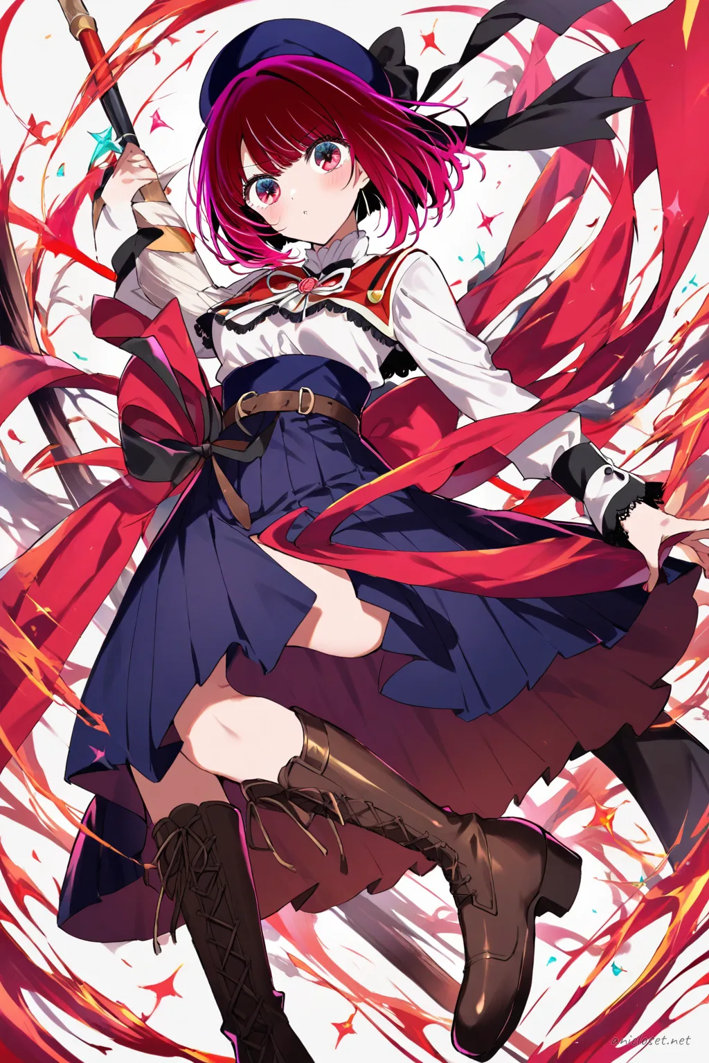 Full body front view of Kana Arima wearing a wine-red hakama set over a white blouse with gold buttons, riding boots, and a ribbon necktie
