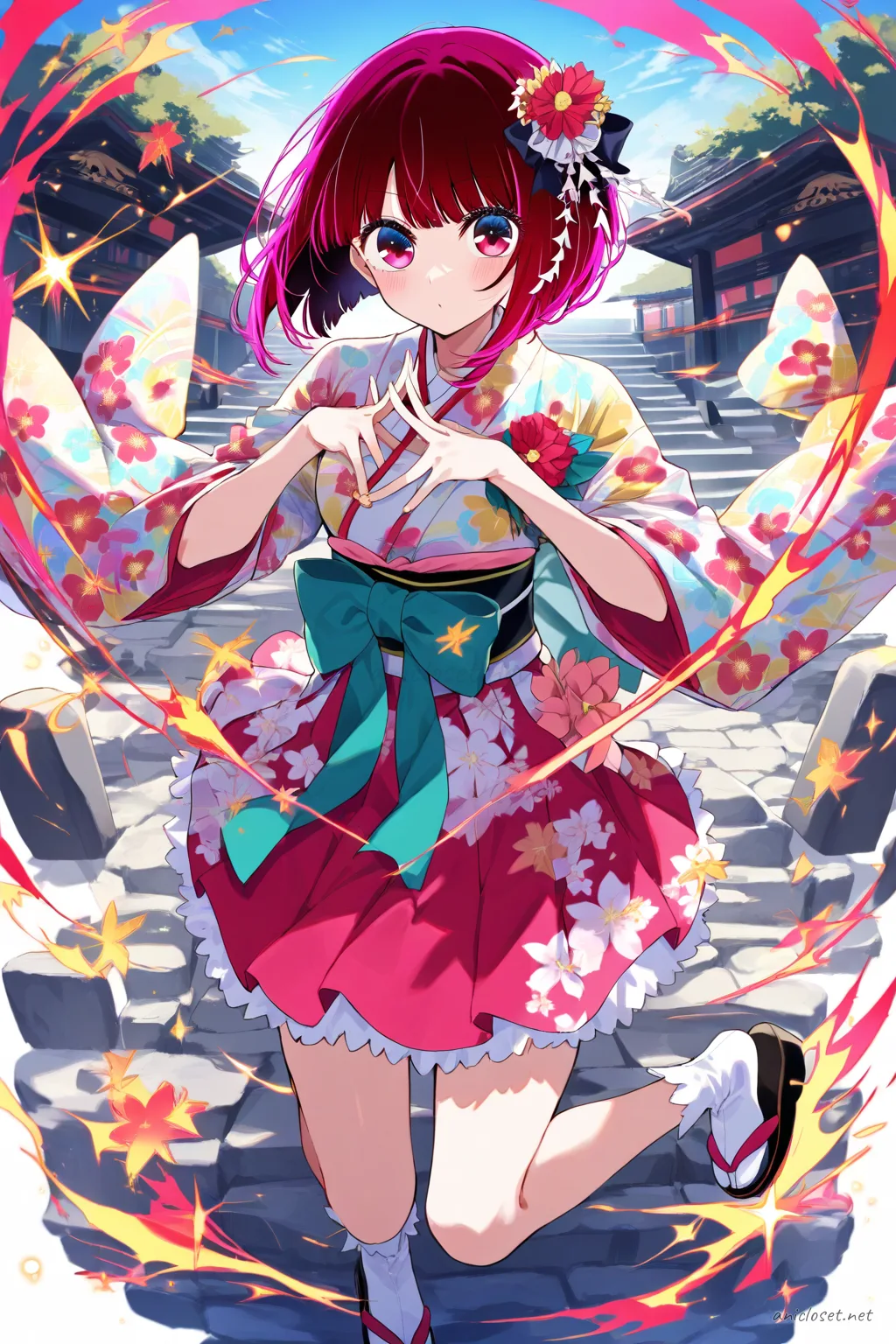 Kana Arima wearing a colorful graduation hakama set over a floral kimono with a wide obi belt and flower corsage, knee-up half-body view under soft studio lighting