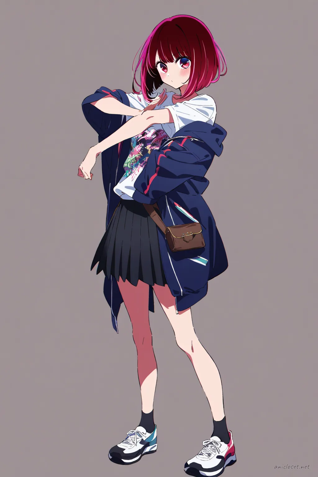 Full body front view of Kana Arima wearing a street kimono jacket over a graphic tee and pleated skirt, accessorized with an obi belt bag and sneakers