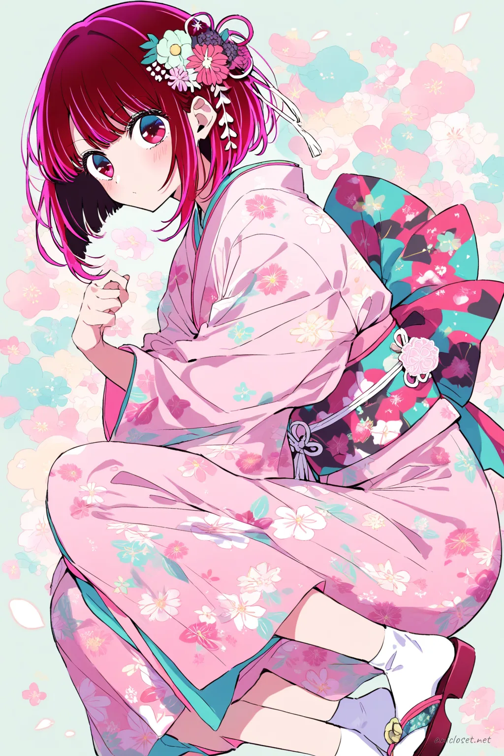 Full-body illustration of Kana Arima in a pastel komon kimono with neat obi and floral hairpin, standing against a clean studio backdrop