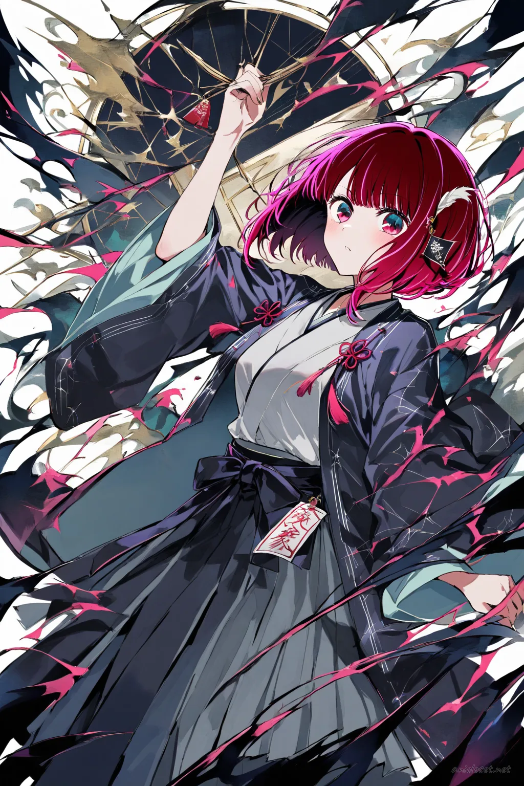 Full body illustration of Kana Arima wearing simplified onmyouji-inspired kimono robes with single-layer haori and paper charm accents, standing with tabi and zori shoes