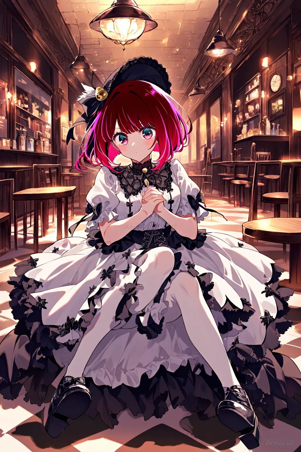Illustration of Kana Arima wearing a black gothic Lolita bell-shaped dress with lace collar, white blouse, black bonnet, opaque tights, and black platform shoes