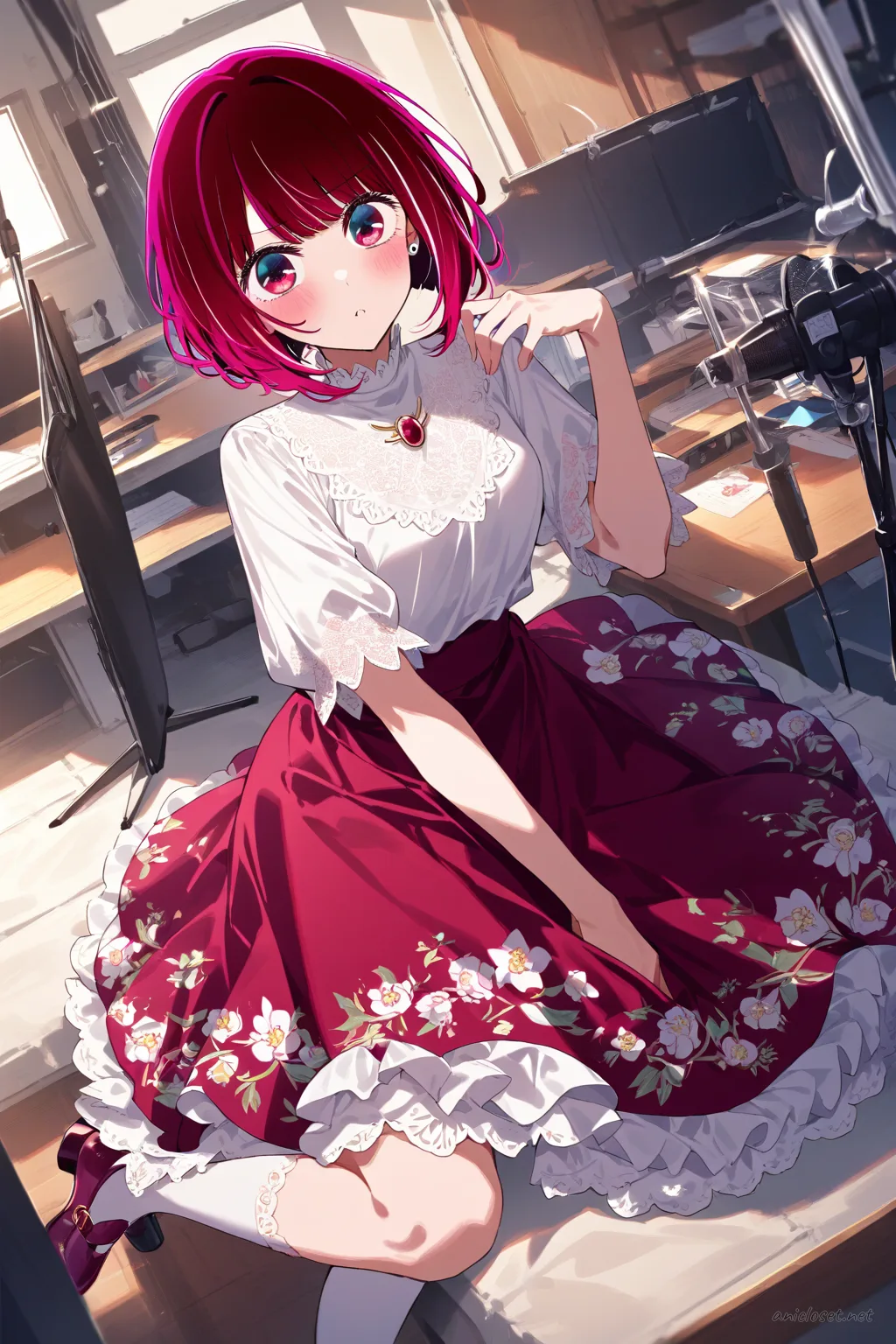 Kana Arima in classic Lolita burgundy floral dress with high-neck blouse and cameo brooch, knee-up half-body view