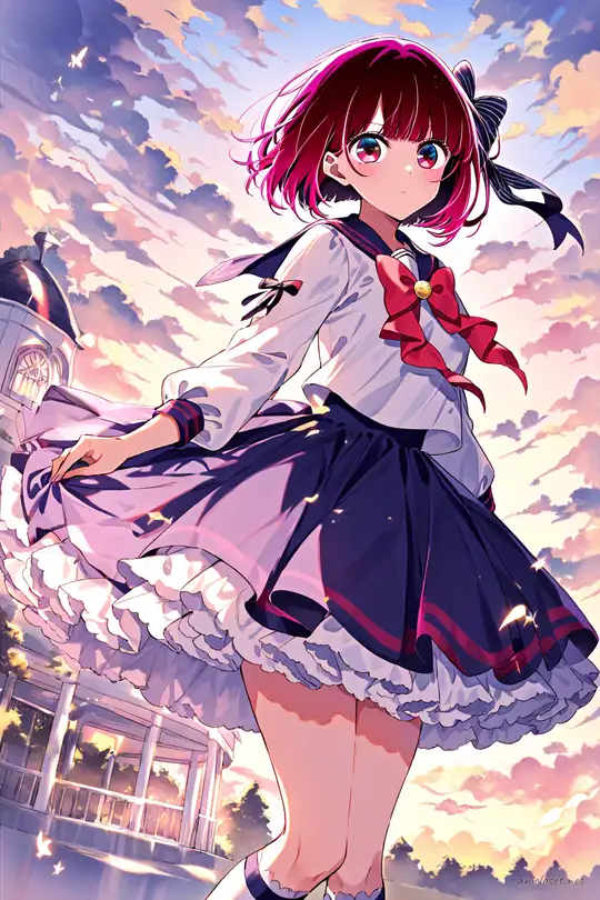 Full-body three-quarter view of Kana Arima in sailor Lolita navy dress with striped bow, pleated bell skirt, knee socks, and puffed sleeves