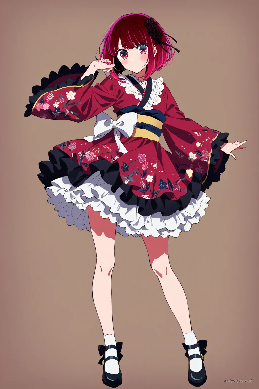 Full-body illustration of Kana Arima in Lolita look 05 wearing a wa-Lolita dress with kimono sleeves, floral petticoat skirt, wide obi bow, lace hair ornament, ankle socks, and Mary Jane shoes against a clean studio background