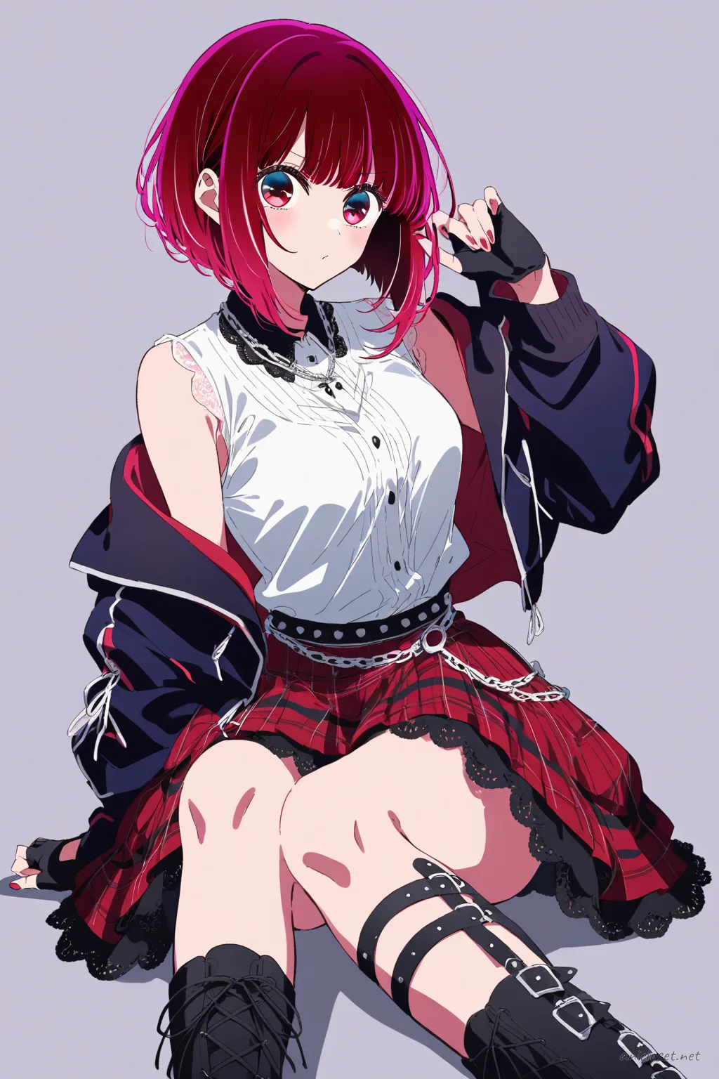 Full-body illustration of Kana Arima in punk Lolita outfit with tartan skirt, cropped jacket, chain accessories, and lace-up platform boots on a clean studio background