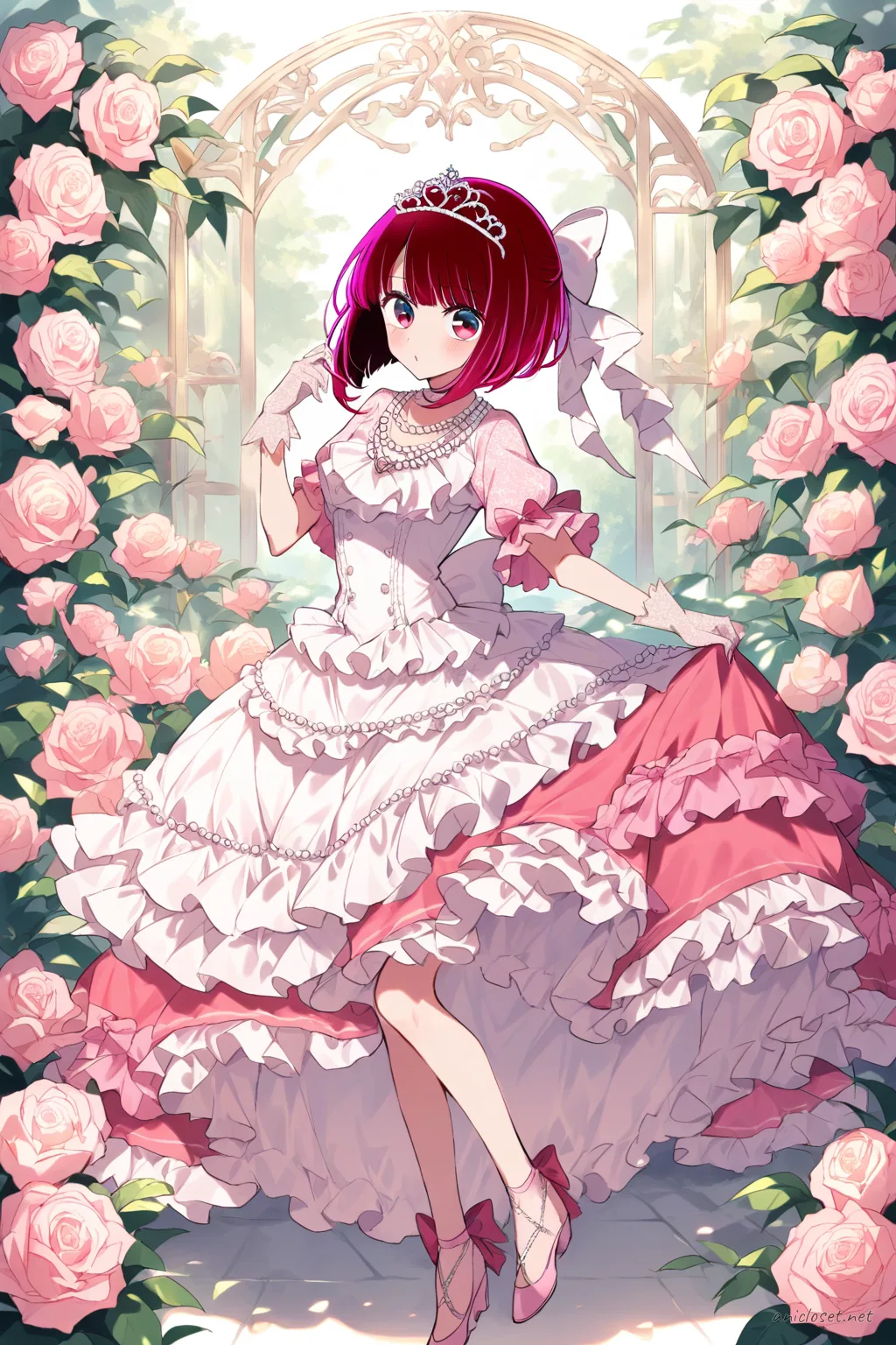 Illustration of Kana Arima in a rose-pink hime Lolita princess dress with pearl trim, tiara comb, bow heels, and sheer white lace gloves against a soft garden background