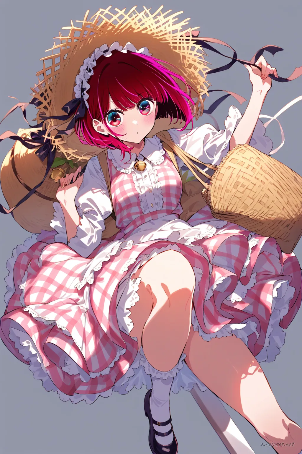 Illustration of Kana Arima in a country Lolita gingham dress with lace apron, straw bonnet, basket bag, and mary janes, shown in full-body three-quarter view