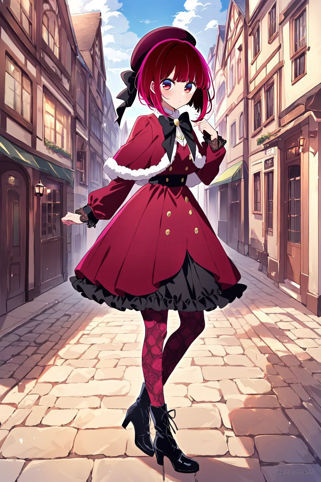 Full-body illustration of Kana Arima wearing a winter Lolita coat dress with ivory faux-fur capelet, burgundy velvet bow, patterned tights, and black ankle boots on cobblestone street