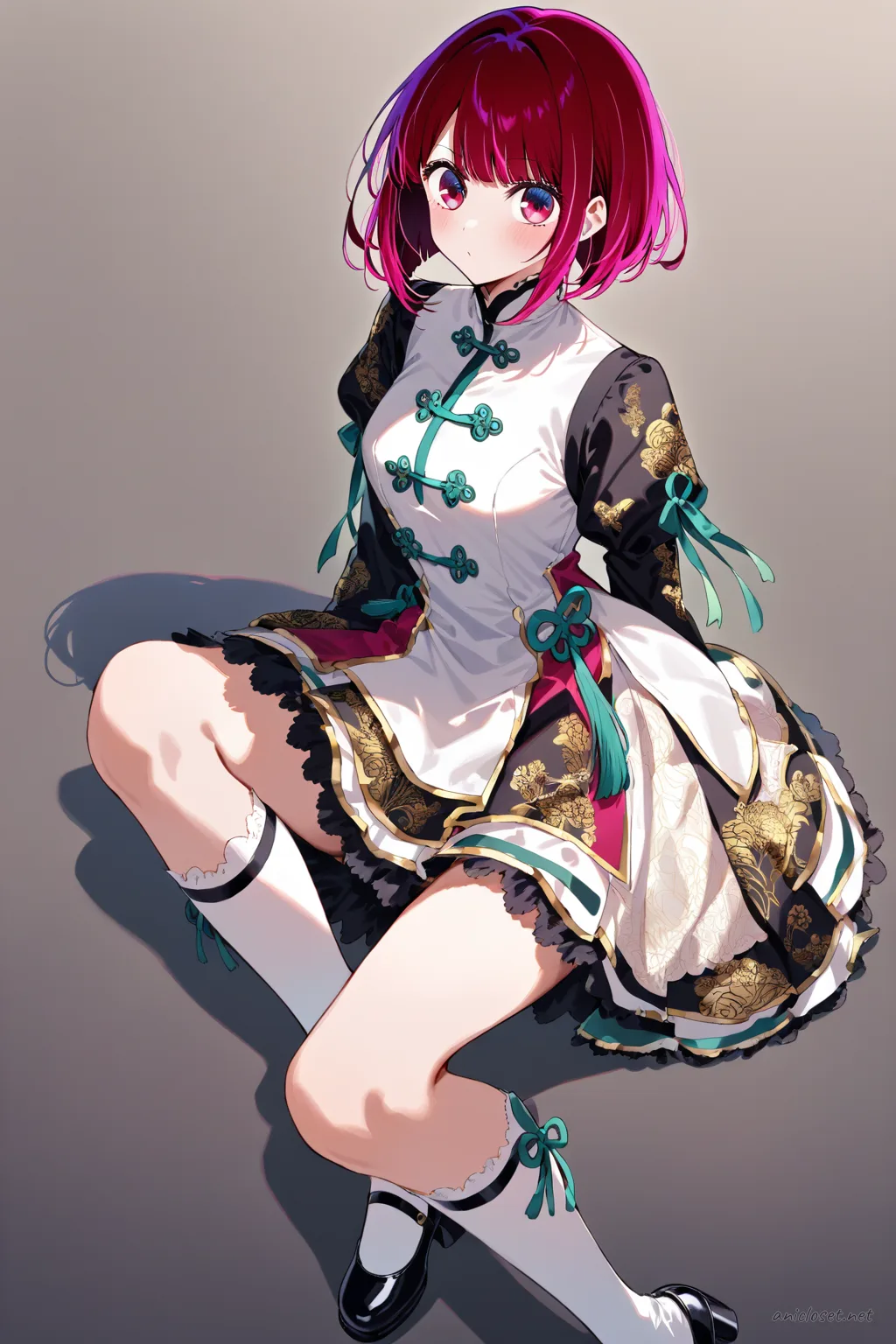 Full-body illustration of Kana Arima in Lolita outfit with mandarin collar blouse, brocade bell skirt, frog buttons, jade ribbons, knee socks, and Mary Jane shoes on clean studio background