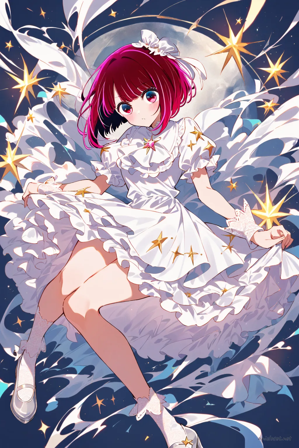 Full-body illustration of Kana Arima in a navy celestial Lolita dress with star embroidery, layered tulle skirt, moon brooch, white puff sleeve blouse, silver Mary Jane shoes, and white lace ankle socks against a clean studio backdrop