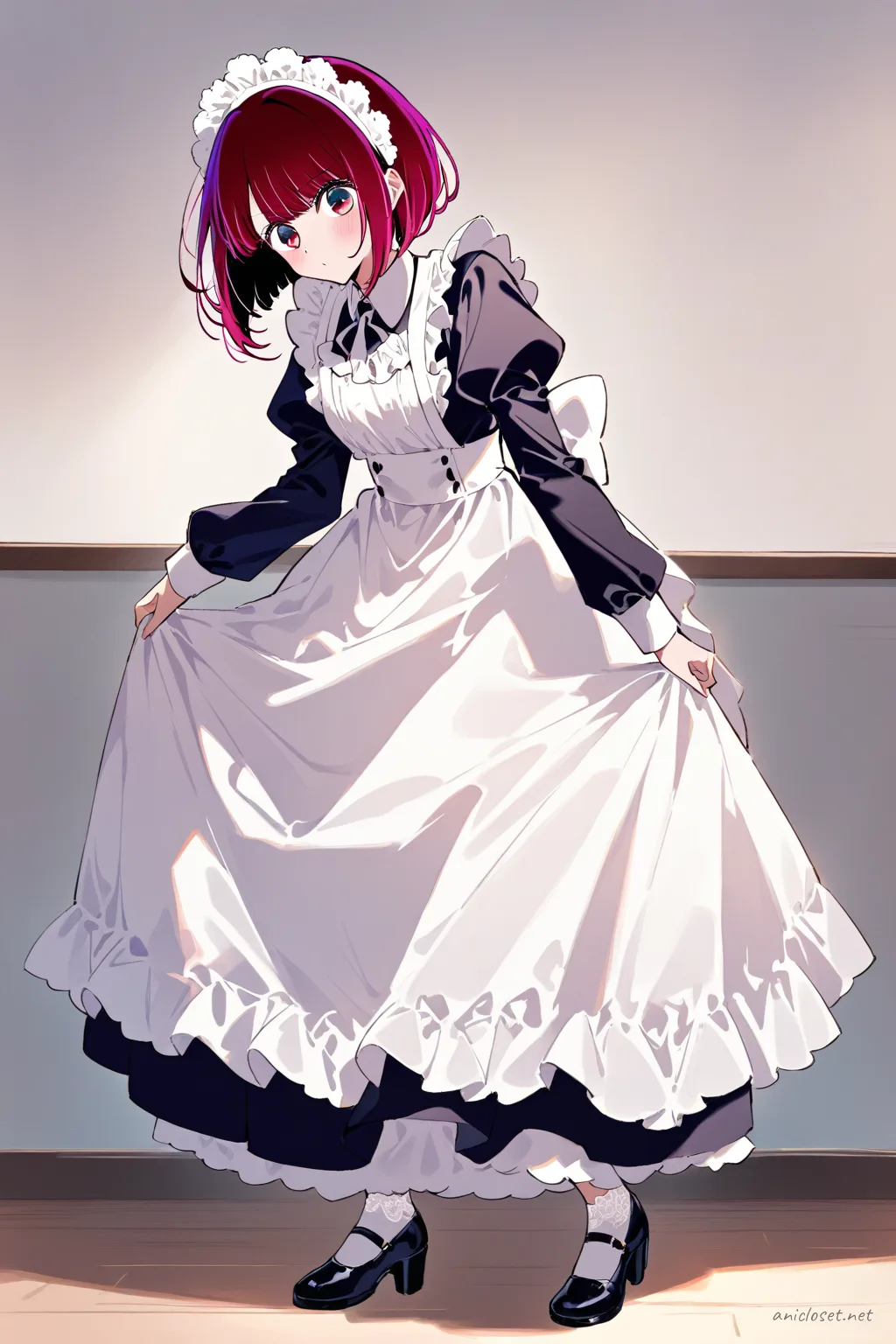 Full body illustration of Kana Arima in classic black-and-white Victorian maid dress with frilled apron and maid headdress, standing with black Mary Janes