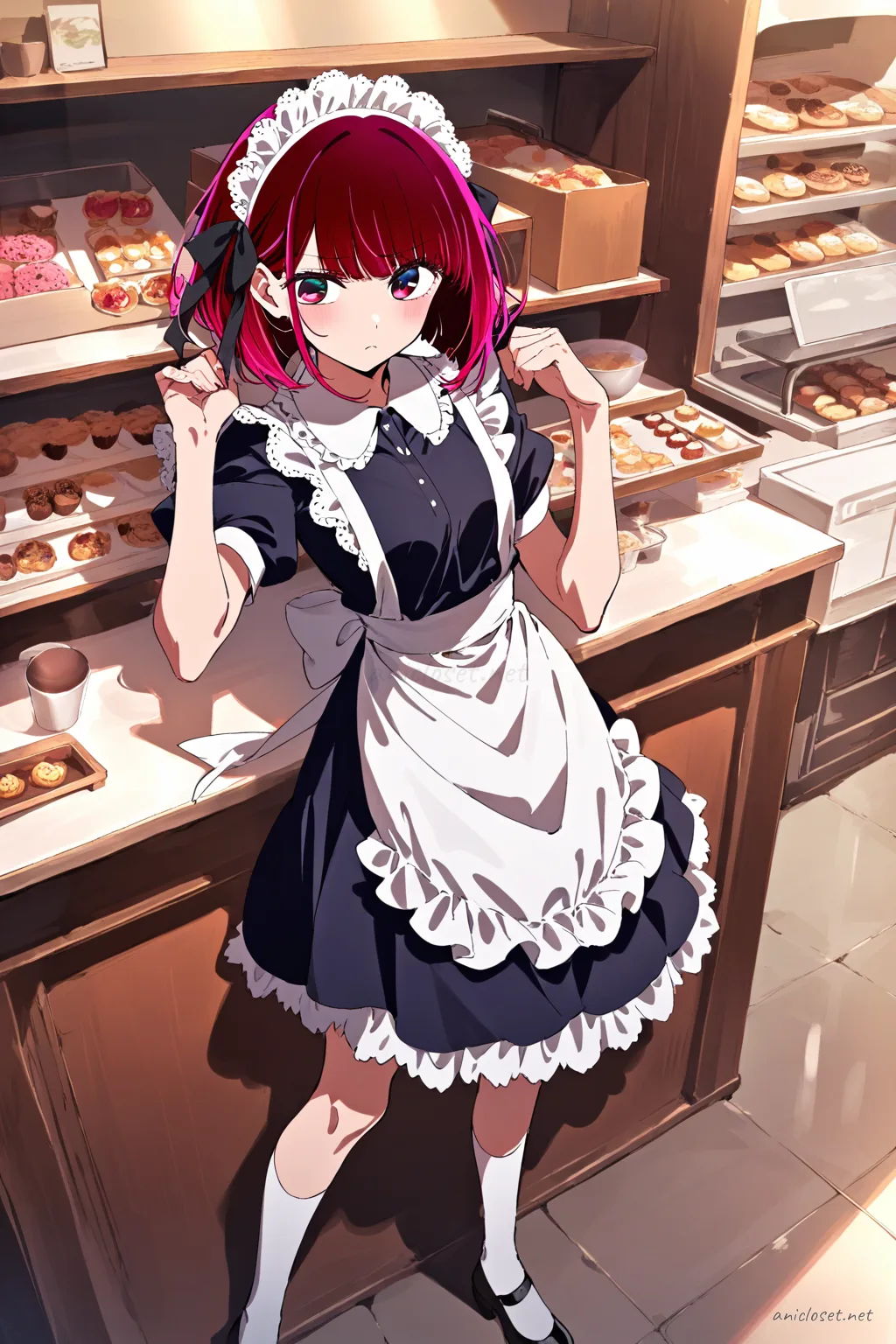Kana Arima illustration wearing a knee-length maid dress with puff sleeves and ribbon apron, shown from knee-up in soft studio lighting