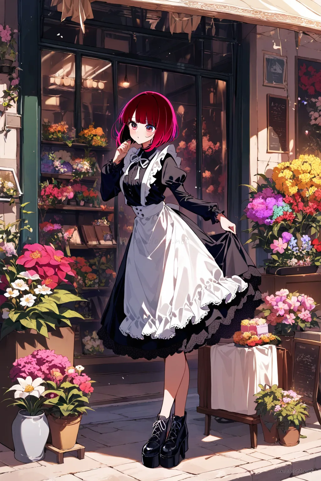 Full-body illustration of Kana Arima in a gothic maid dress with black lace trim, layered knee-length skirt, cross-tie ribbon bodice, white apron, and black platform shoes, standing against a clean studio backdrop